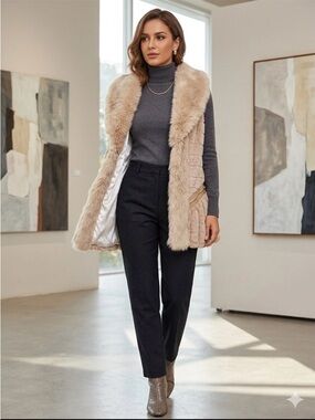 Beige Faux-Fur Longline Vest with Quilted Panels